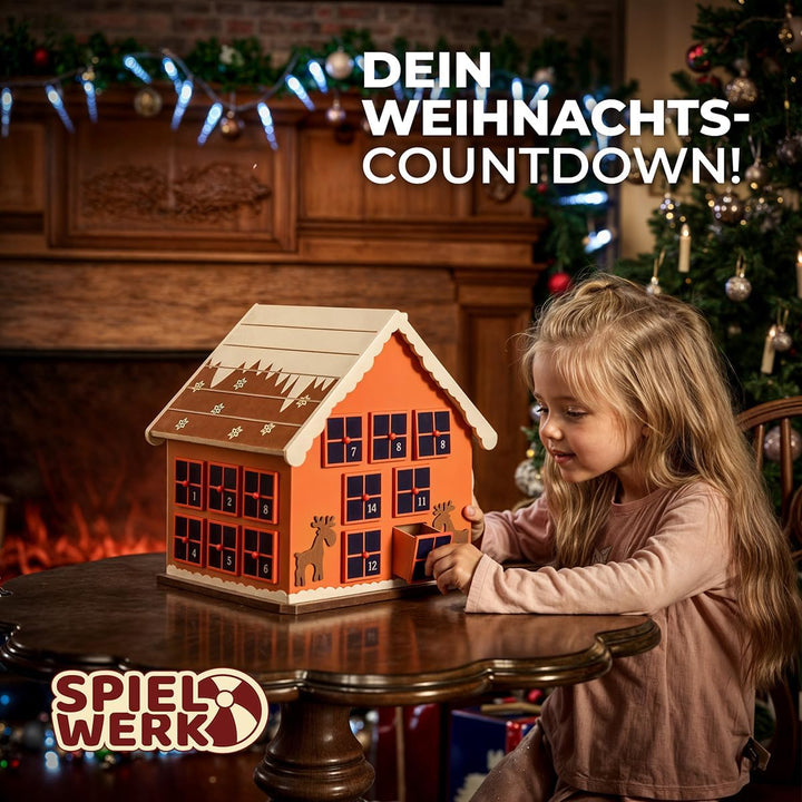 Spielwerk Wiederverwendbarer Adventskalender Winterhäuschen zum Befüllen 24 Türchen Bunt Bemalt Weih