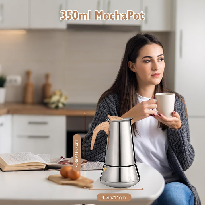 Romon Espressokocher, Edelstahl Mokkakanne 350ml Induktion, Geeignet für Alle Herdarten Gas, Elektro