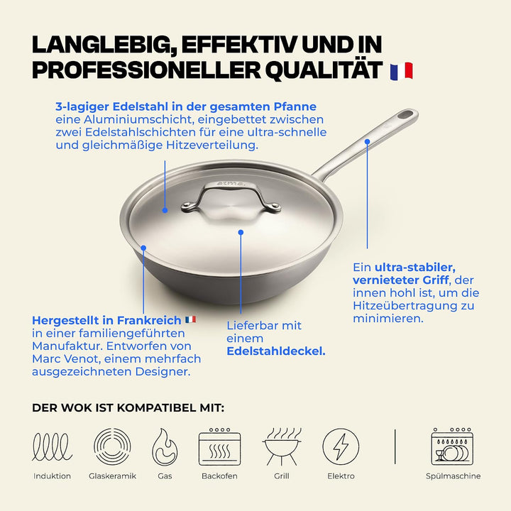 Atma - Wok Edelstahl 24 cm - 3-lagig - mit Deckel - PFAS- &amp; PTFE-frei | Genieteter Griff - Edelstahl
