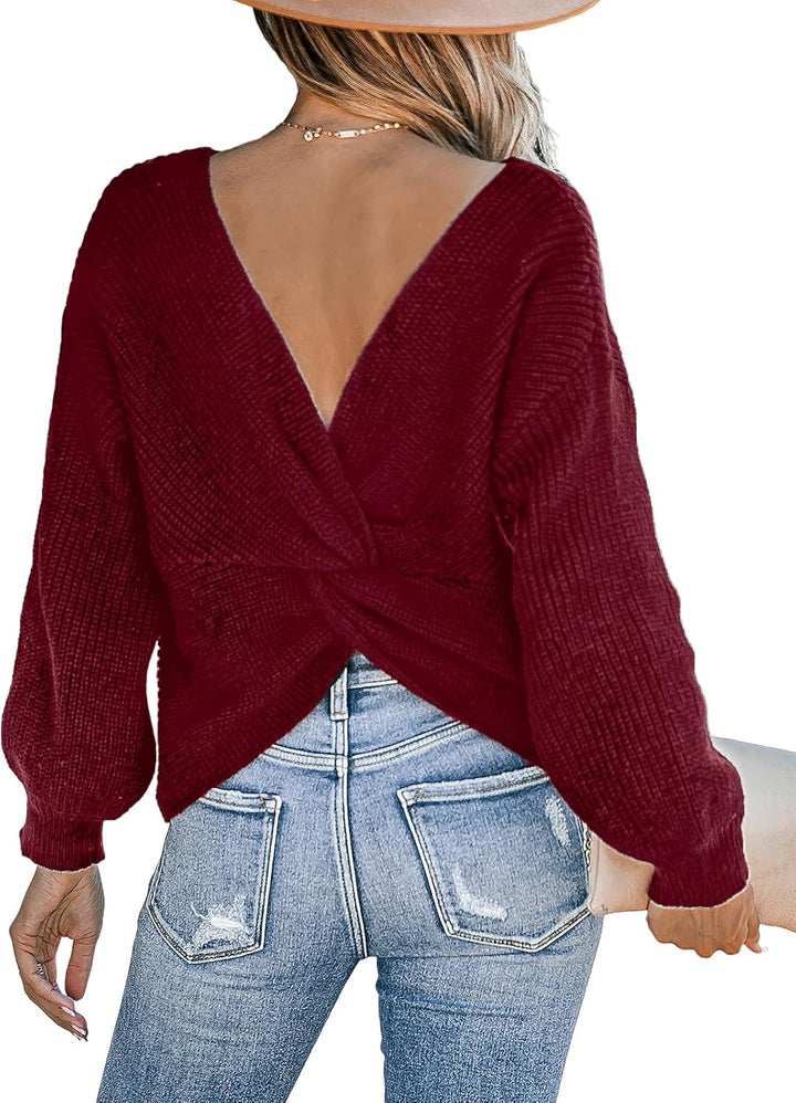 CUPSHE Damen Strickpullover Rundhals Langarm Twisted Rückenfrei Fledermausärmel Rippenstrick Pulli O