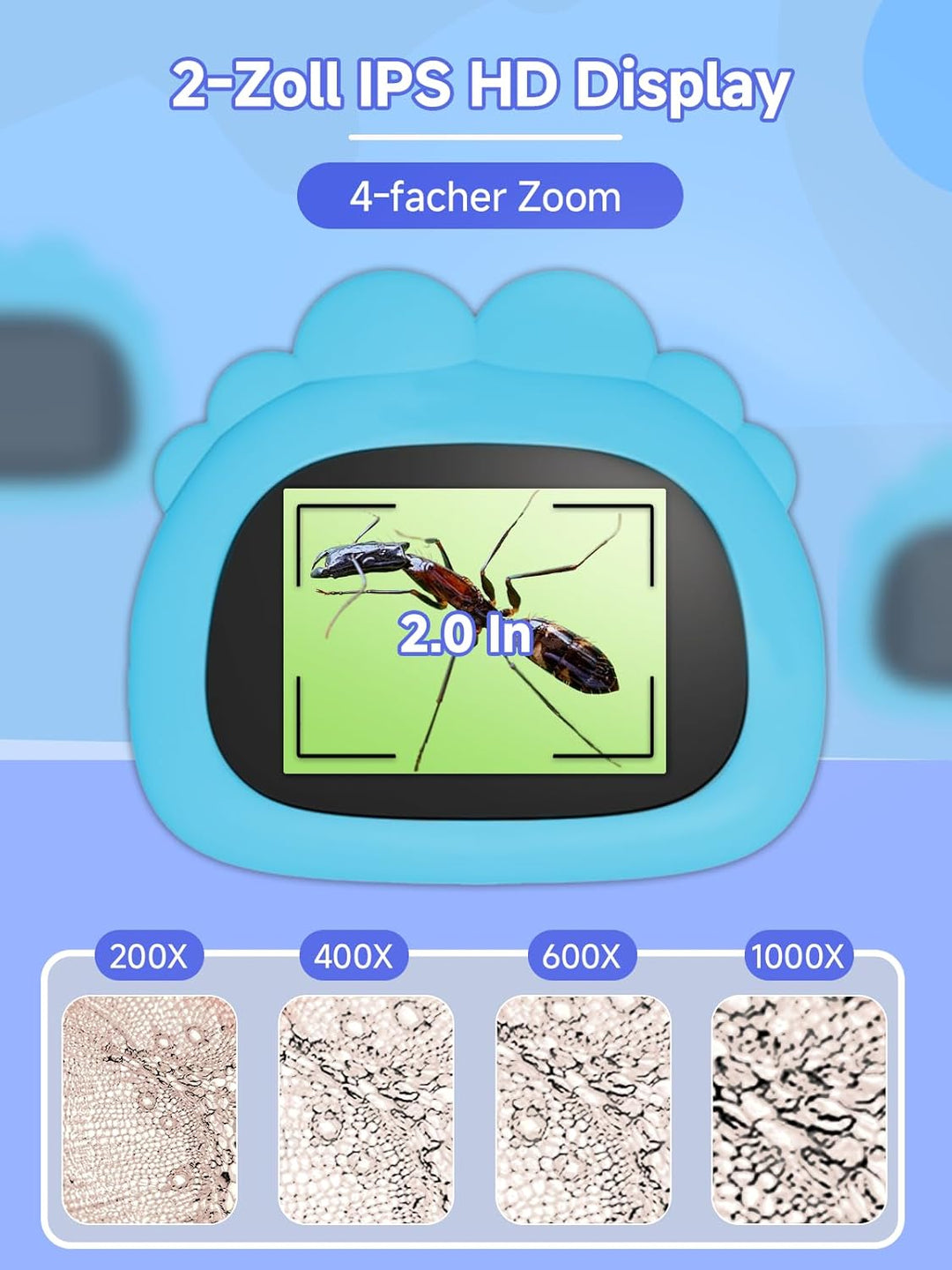 Mikroskop für Kinder, Digitales Taschenmikroskop mit 2,0" IPS-Bildschirm Lupe 200x Vergrösserung, 8