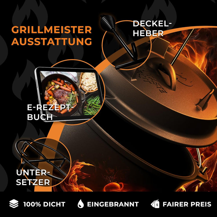IRON TASTE Dutch Oven Set 9L - Eingebrannter Dutch Oven 9 Liter - Feuertopf Gusseiserner Topf mit pr