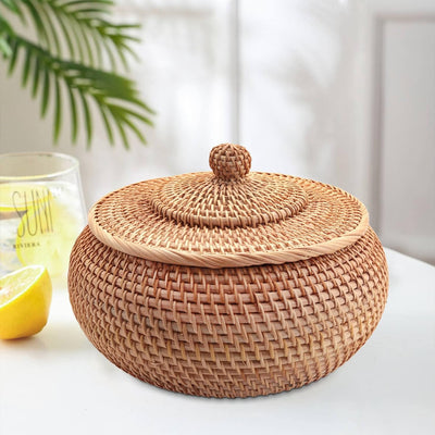 Runde Box aus Rattan, Obstkorb in Weiden mit Deckel für Brotkorb, Aufbewahrungskorb, geflochten, für