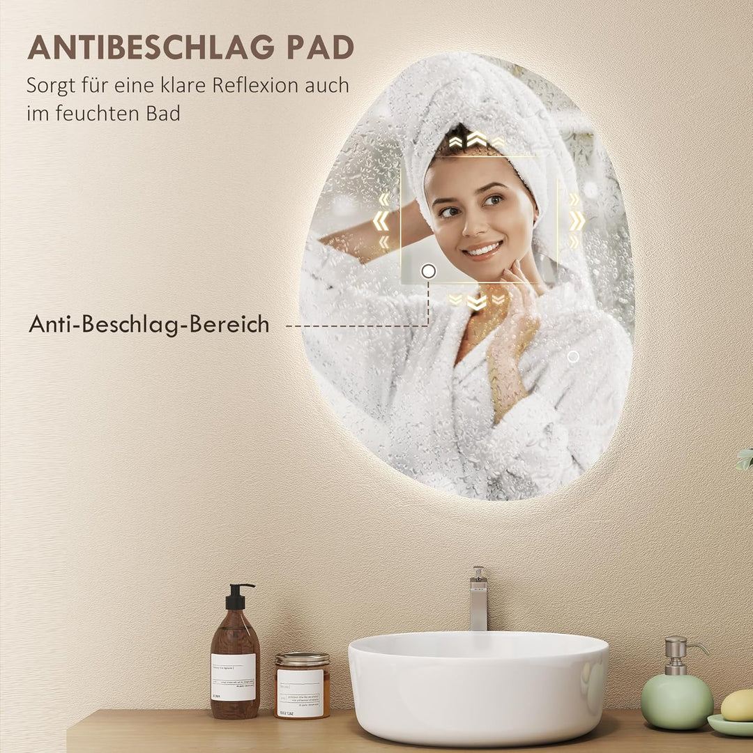 HOMCOM Badspiegel mit Beleuchtung 70 x 50 cm LED Badezimmerspiegel Dimmbar mit 3 Lichtfarben Touch-S