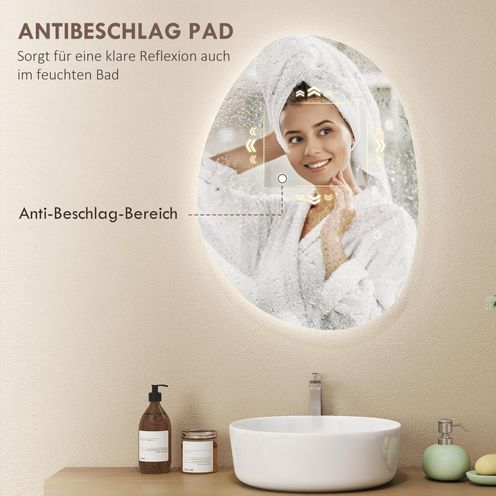 HOMCOM Badspiegel mit Beleuchtung 70 x 50 cm LED Badezimmerspiegel Dimmbar mit 3 Lichtfarben Touch-S