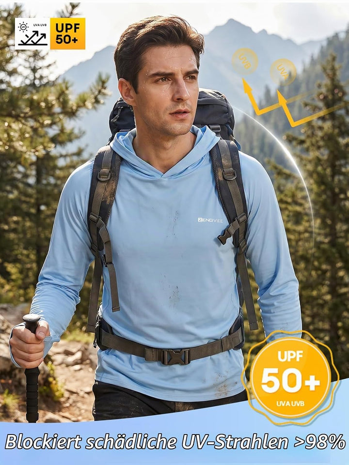 Herren Langarm Rashguard Kapuzenpullover UPF50+ Shirt Rashguard Angelbekleidung UV Sonnenschutz Surf