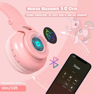 JYPS Einhorn Bluetooth-Kopfhörer, kabellose/kabelgebundene Kinder kopfhörer Mädchen mit LED-licht, K