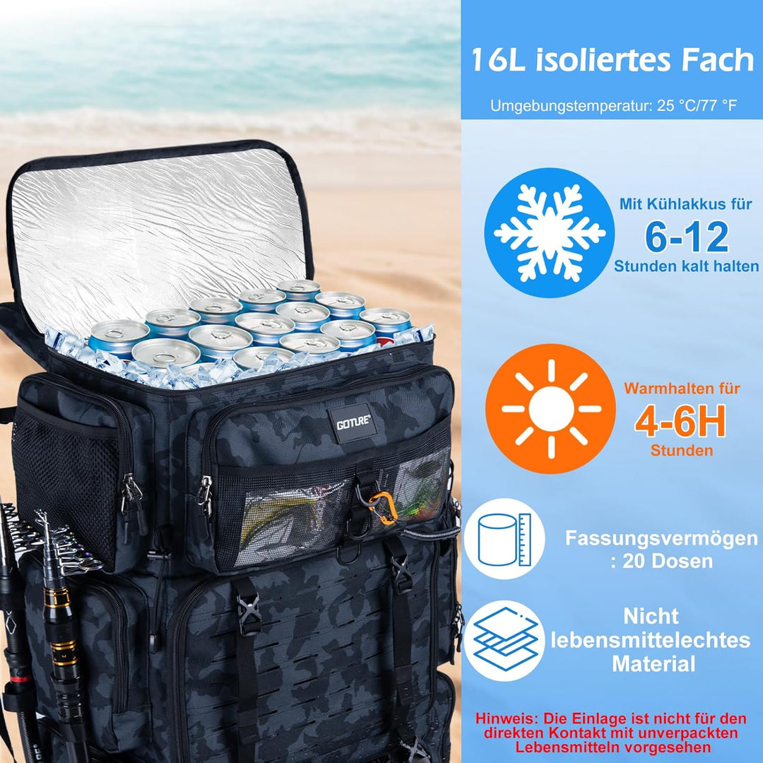Goture 72L Angelrucksack mit Kühltasche (16L) &amp; Trocken-/Nass-Fach - Verstellbare Fächer Wasserabwei
