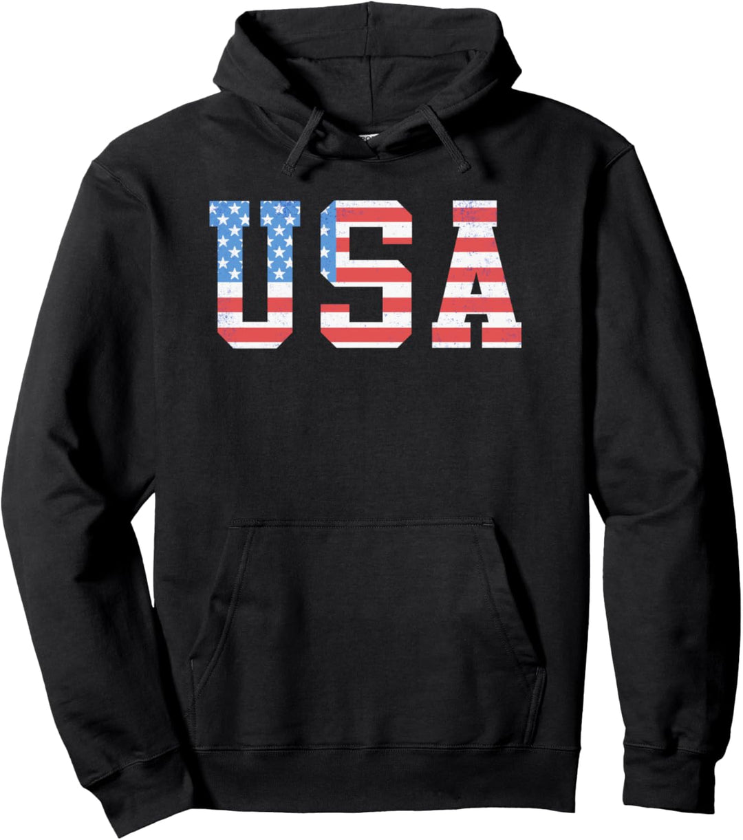 Trendy American Flag Text Collegiate Vintage Pullover Hoodie