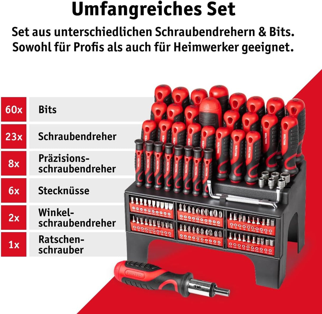 WALTER XXL Schraubendreher- und Bit Set 100-teilig, inkl. Präzisions- Winkelschraubendreher, Stecknü