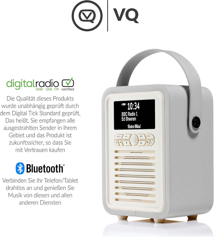 VQ Retro Mini DAB/DAB+ Digital- und FM-Radio mit Bluetooth und Weckfunktion - Hellgrau
