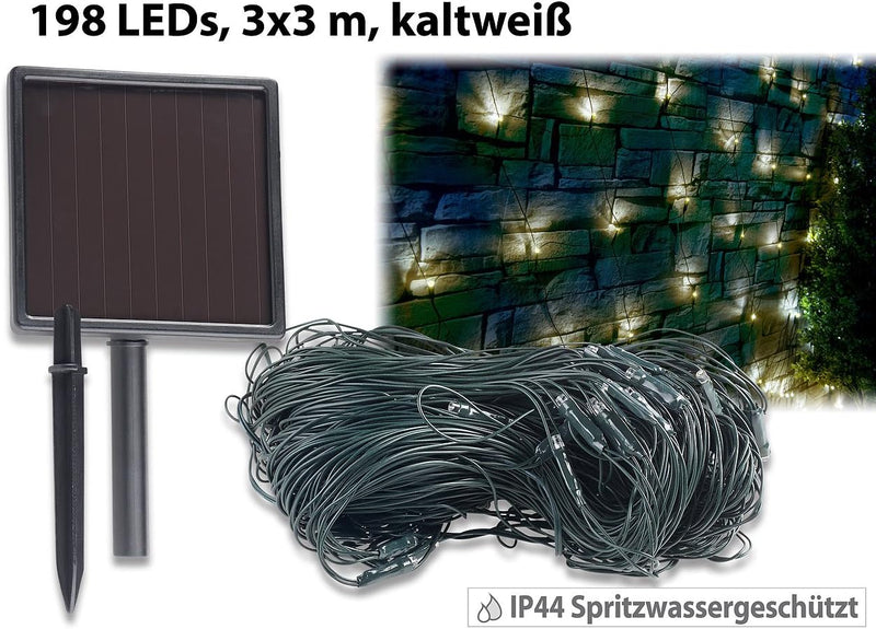 Lunartec LED Netz: Solar-LED-Lichternetz, 198 LEDs, kaltweiss, 3 x 3 m, IP44 (Lichternetz Outdoor)