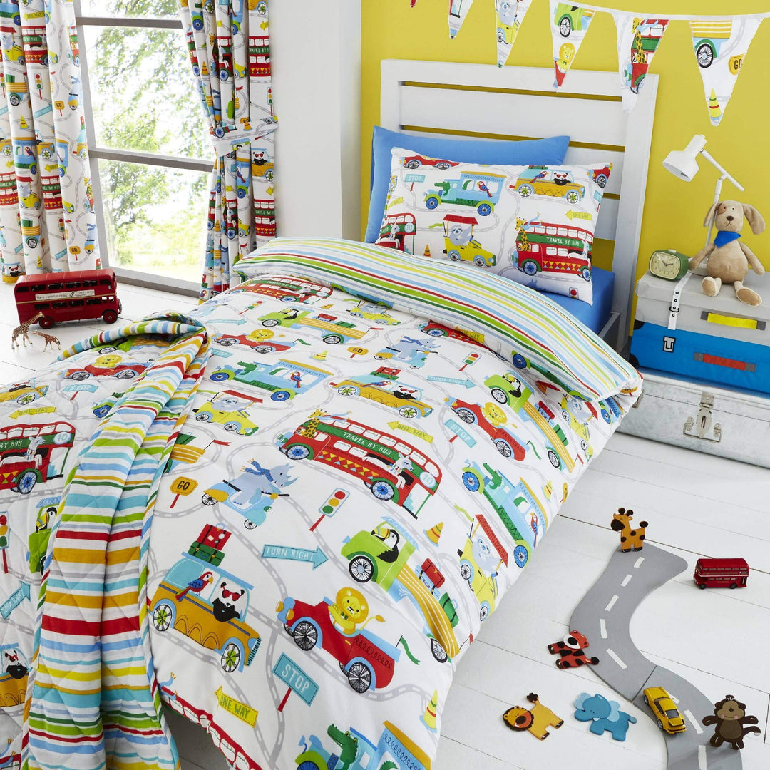 Happy Linen Company Kinder Bettwäsche-Set - mit Zootieren in der Stadt - wendbar - Weiss - Einzelbet