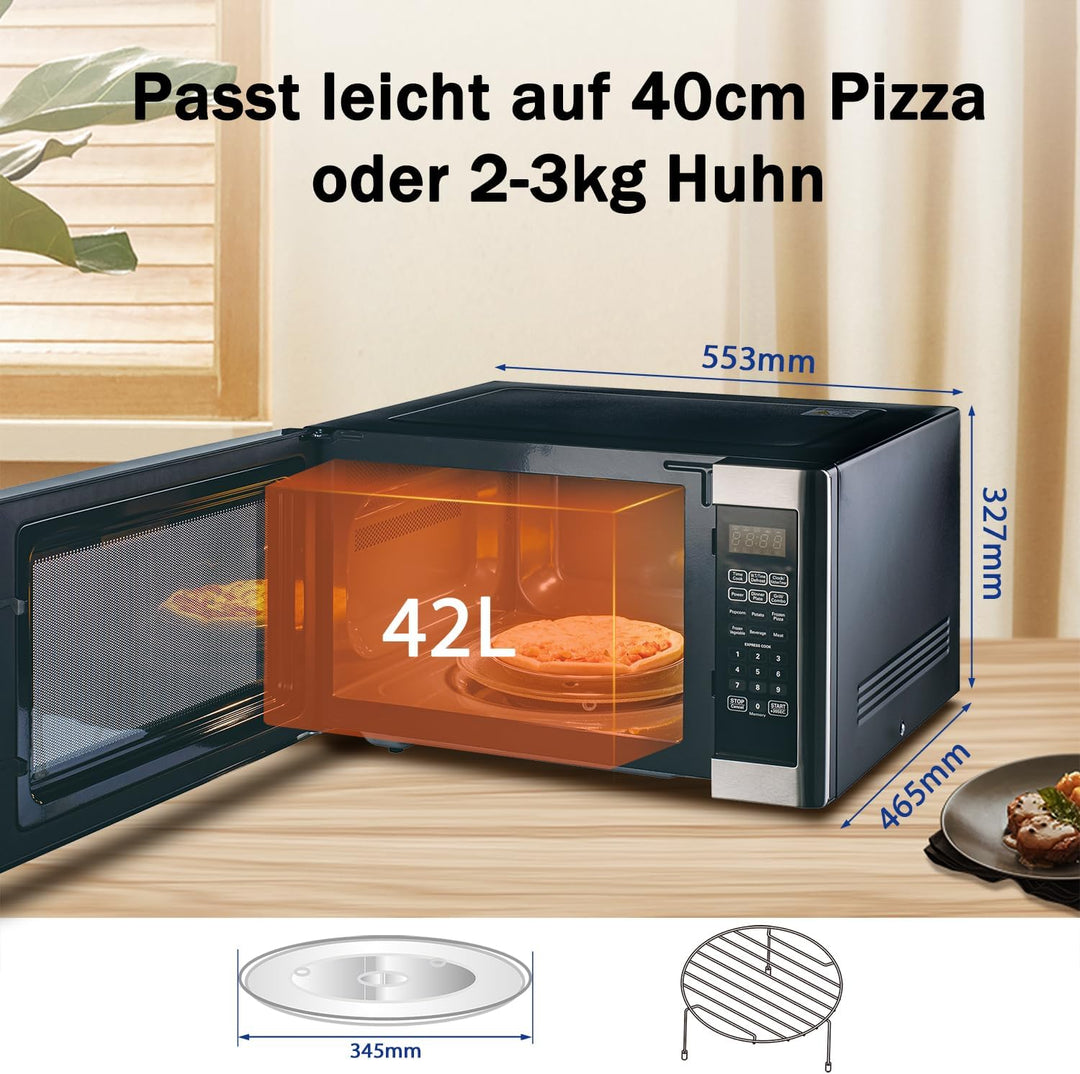 Smad Mikrowelle mit Grill, 42L, 1100W, Mikrowelle Kombi, 11 Leistungsstufen, 6 Auto-Menüs, Speicherf