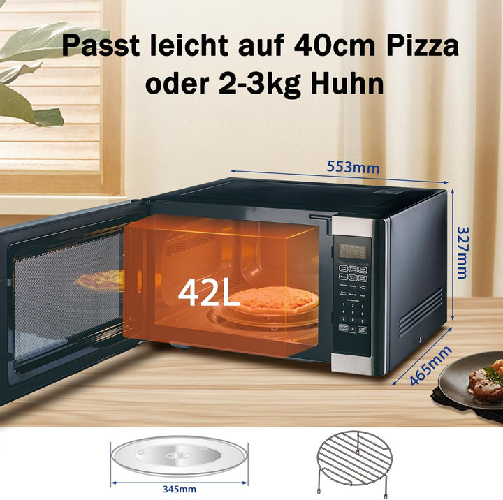 Smad Mikrowelle mit Grill, 42L, 1100W, Mikrowelle Kombi, 11 Leistungsstufen, 6 Auto-Menüs, Speicherf