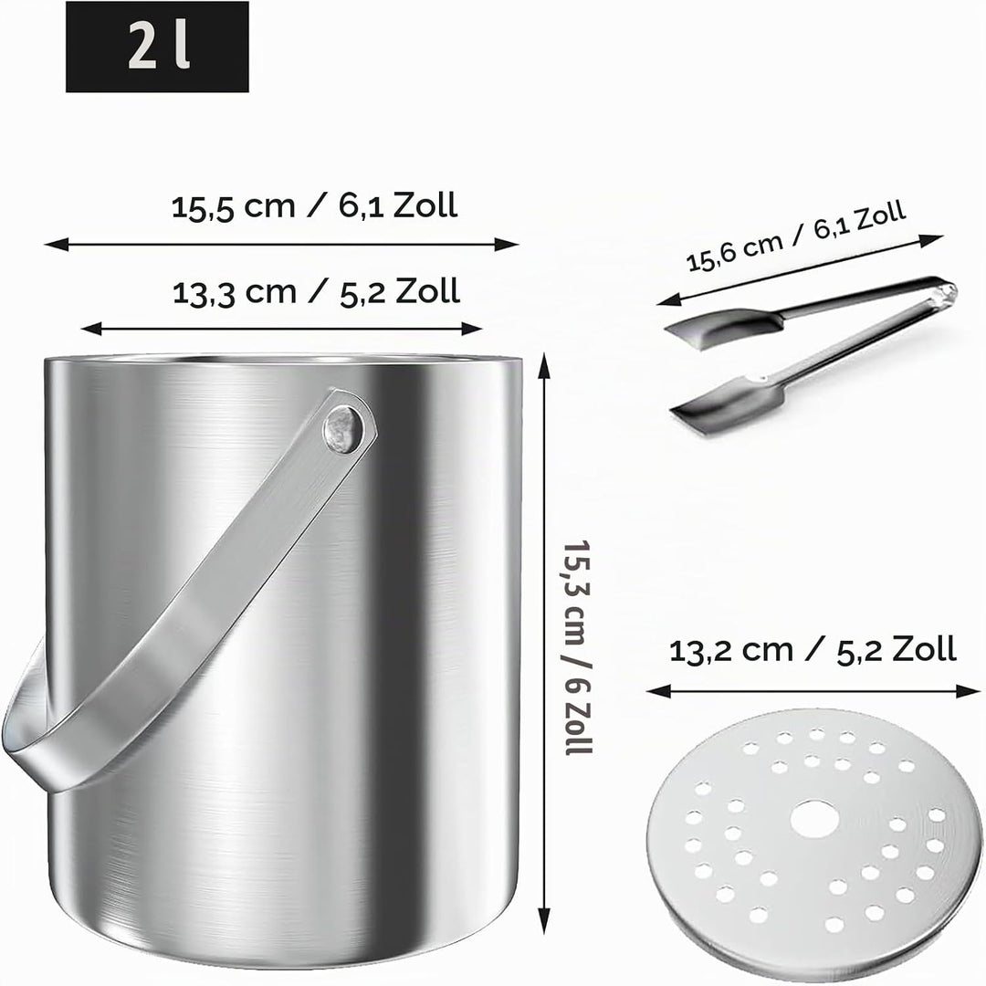 Eiswürfelbehälter, Eisbehälter rund mit Sieb und Eiszange, 2L Eiswürfelbehälte, Edelstahl Eisbehälte