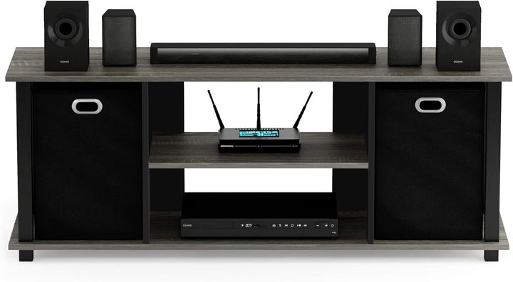 Furinno Econ TV Schrank/Entertainment Center mit 2 Einschüben, holz, Französische Eiche Grau/Schwarz