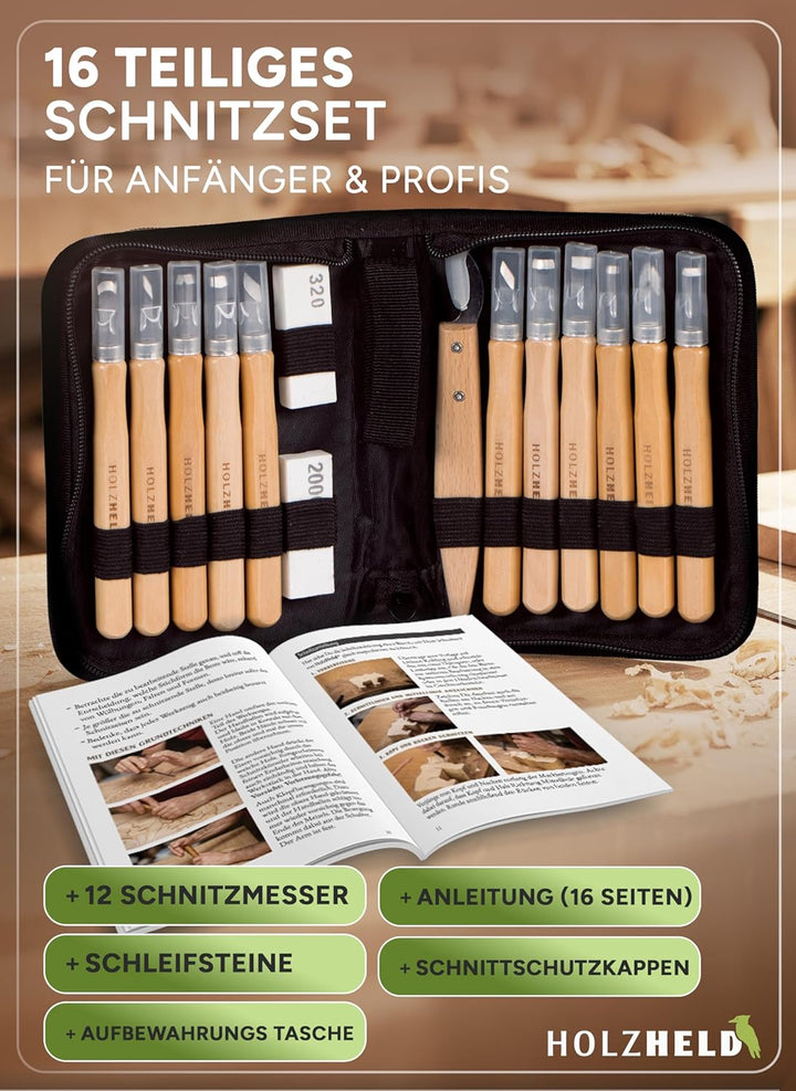 HOLZHELD Holzschnitzwerkzeug Set (14-teilig) mit Anleitung für 1 Schnitzprojekt - 12 Schnitzmesser a