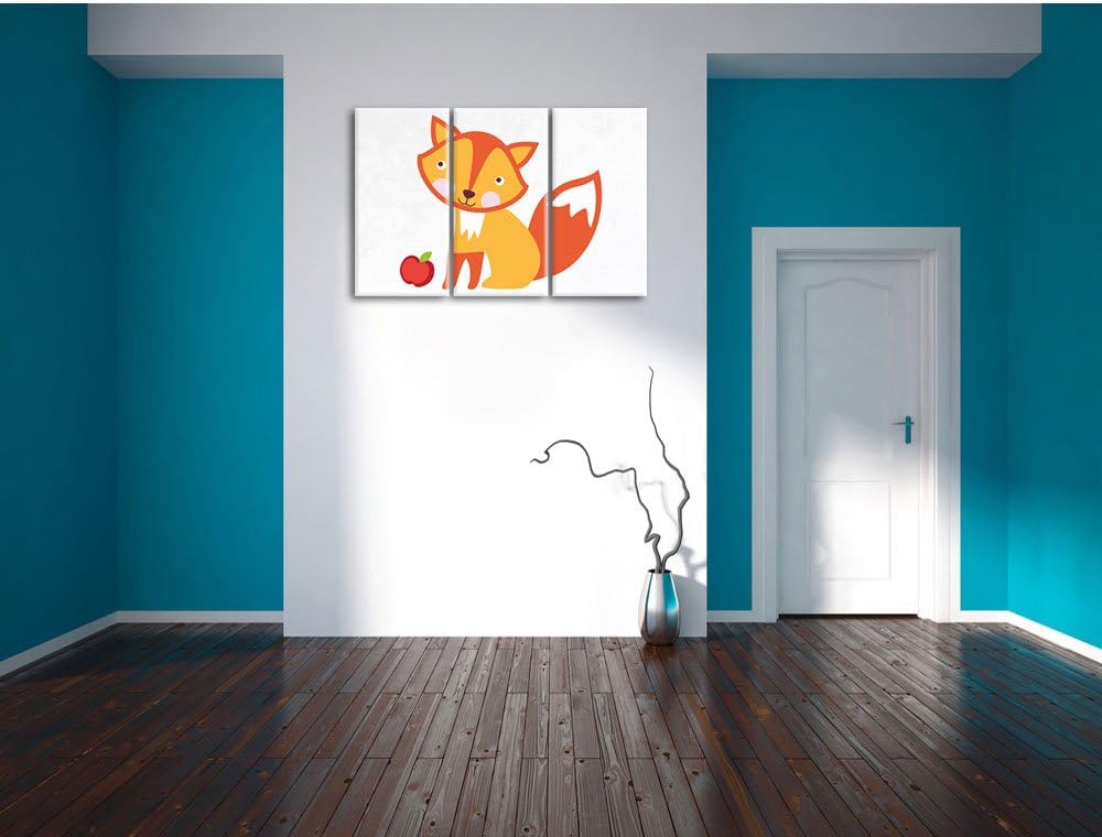 Pixxprint Niedlicher Fuchs mit Apfels als Leinwandbild/Grösse: 3 Teilig (120x80) cm/Wandbild/Kunstdr