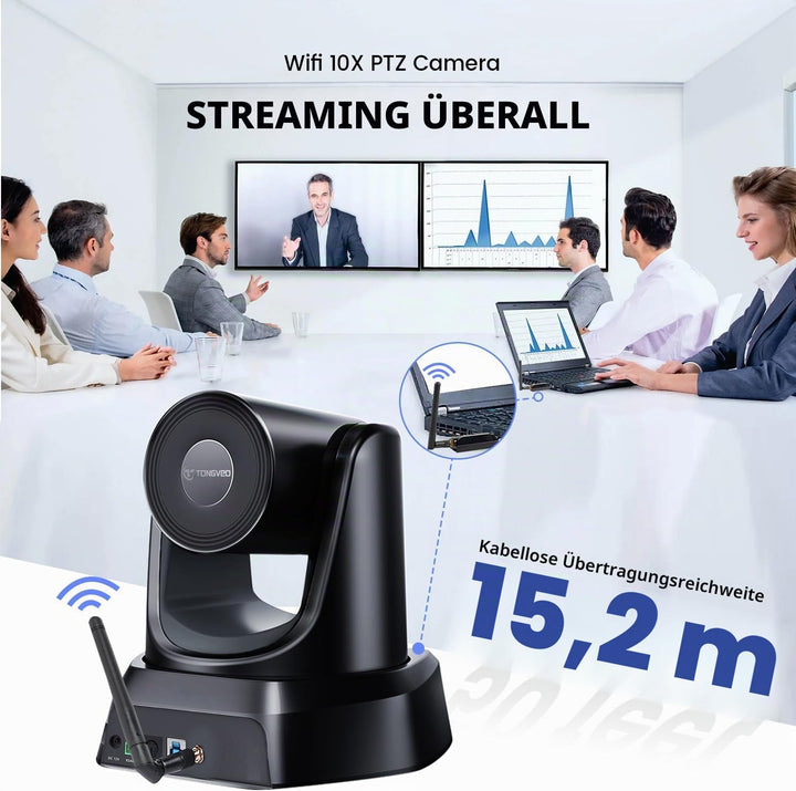 TONGVEO 5.8GHz Wireless Conference Room Webcam, Church Live Streaming 3X USB 1080P 60fps PTZ Camera