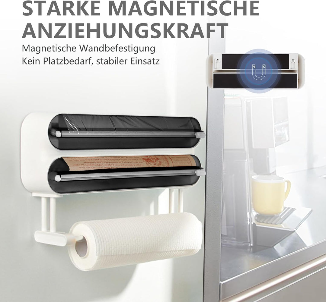 3 in 1 Frischhaltefolienspender mit Cutter, Küchenrollenhalterung mit Küchenrollenhalter, Alufoliens