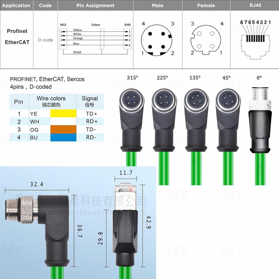 Industrial Ethernet M12 4-Pin D-Code Stecker rechtwinklig auf RJ45 Kabel, geschirmtes High-Flex CAT5