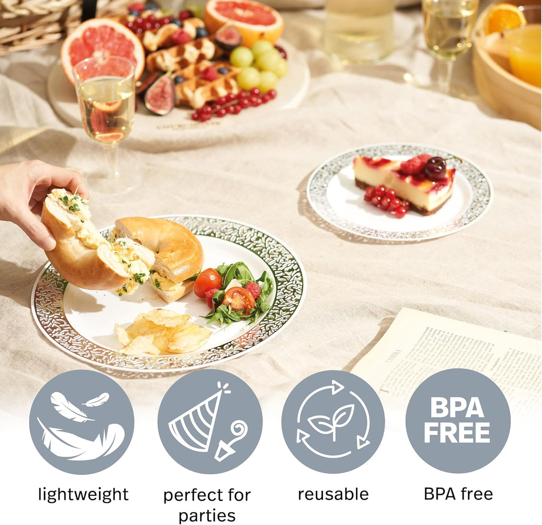 MATANA 40 Weisse Plastikteller mit Silbernem Rand für Hochzeiten, Geburtstage, Taufen, Weihnachten &