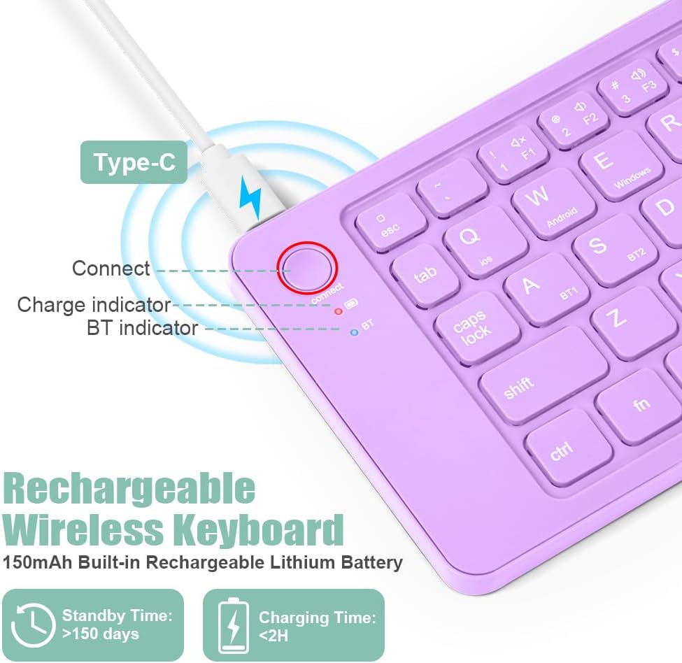 Faltbare Tastatur Klappbar, Wiederaufladbare kabellose Mini-Tastatur für iOS, Android, Windows, QWER
