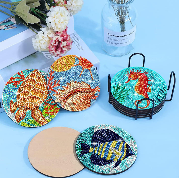 Diamond Painting Untersetzer 8er Set DIY Basteln Erwachsene mit Halter, 5D Diamond Painting Meer Tas