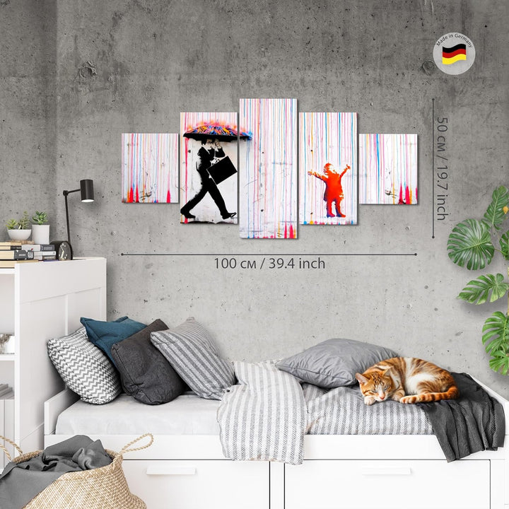 Runa Art Wandbilder Banksy Style Colored Rain 5 Teilig Bild auf Vlies Leinwand Deko Loft Wohnzimmer
