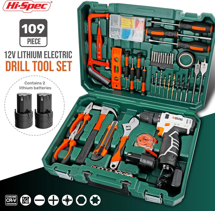 Hi-Spec Werkzeugkoffer mit 12V Akkuschrauber 2 Akkus inkl., Bohrer Set und eine Vielzahl von Werkzeu