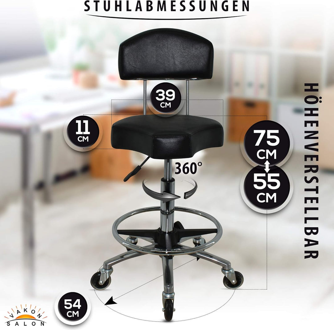 Ergonomischer Rollhocker mit Premium-Rollen und Fussring - Höhenverstellbar von 55-75 cm - Drehhocke