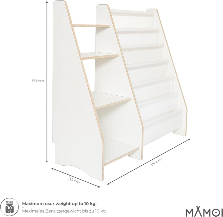 MAMOI® Bücher- und Spielzeugregal, funktionales 2-in-1-Regal, Organizer mit Ablagen und Stofftaschen