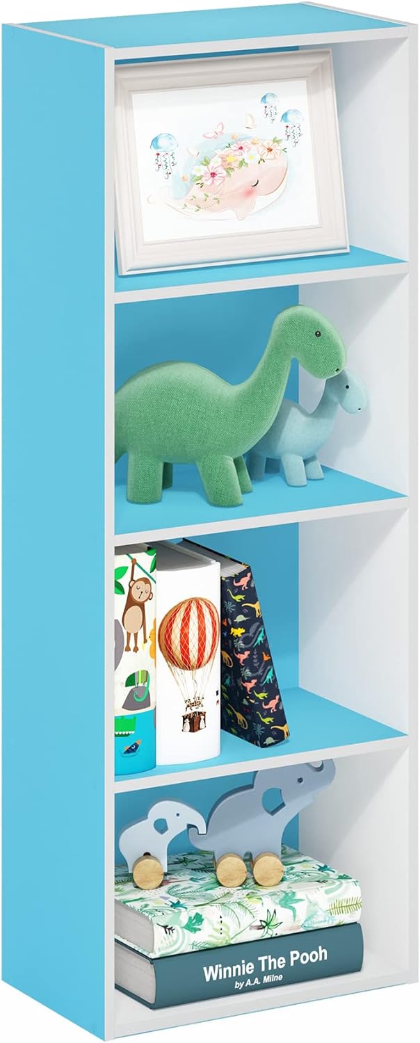 Furinno Luder Bücherregal mit 4 Ebenen, Holzwerkstoff, Weiss/Hellblau, 23.7(D) x 39.5(W) x 105.9(H)