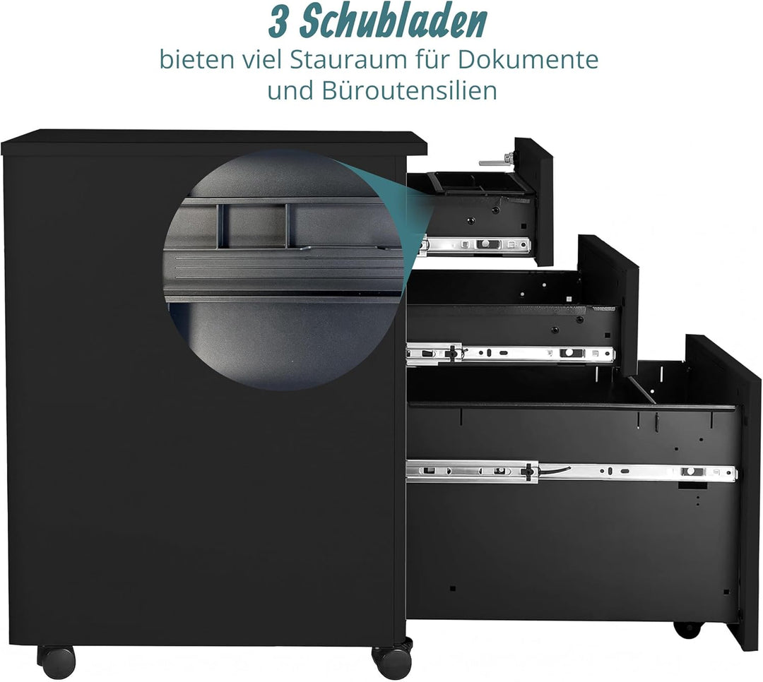 Relaxdays Rollcontainer, 3 Schubladen, HxBxT: 60 x 39 x 52 cm, abschliessbar, Aktenschrank auf Rolle