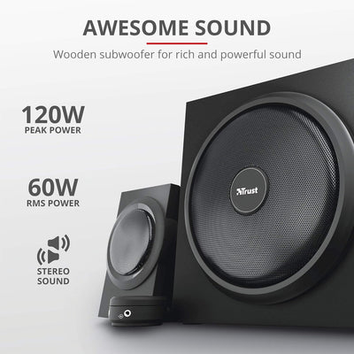 Trust Yuri 2.1 PC Lautsprecher mit Subwoofer, 120W Spitzenleistung, Subwoofer aus Holz mit einem Sta