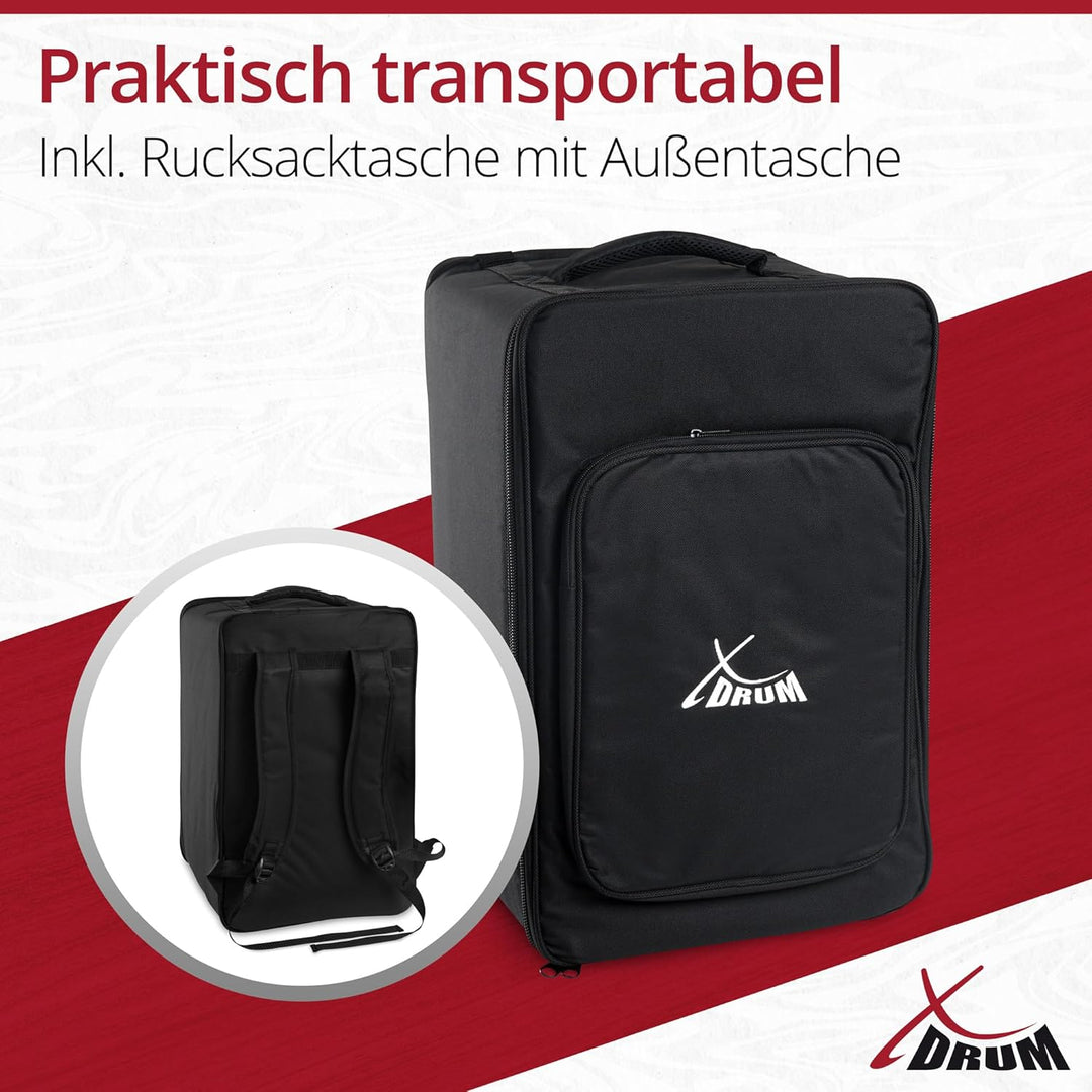 XDrum Cajon Peruana Black Wood (3 mm Schlagplatte, 9 mm Birkenkorpus, 48 cm hoch, inkl. Rucksack-Tas
