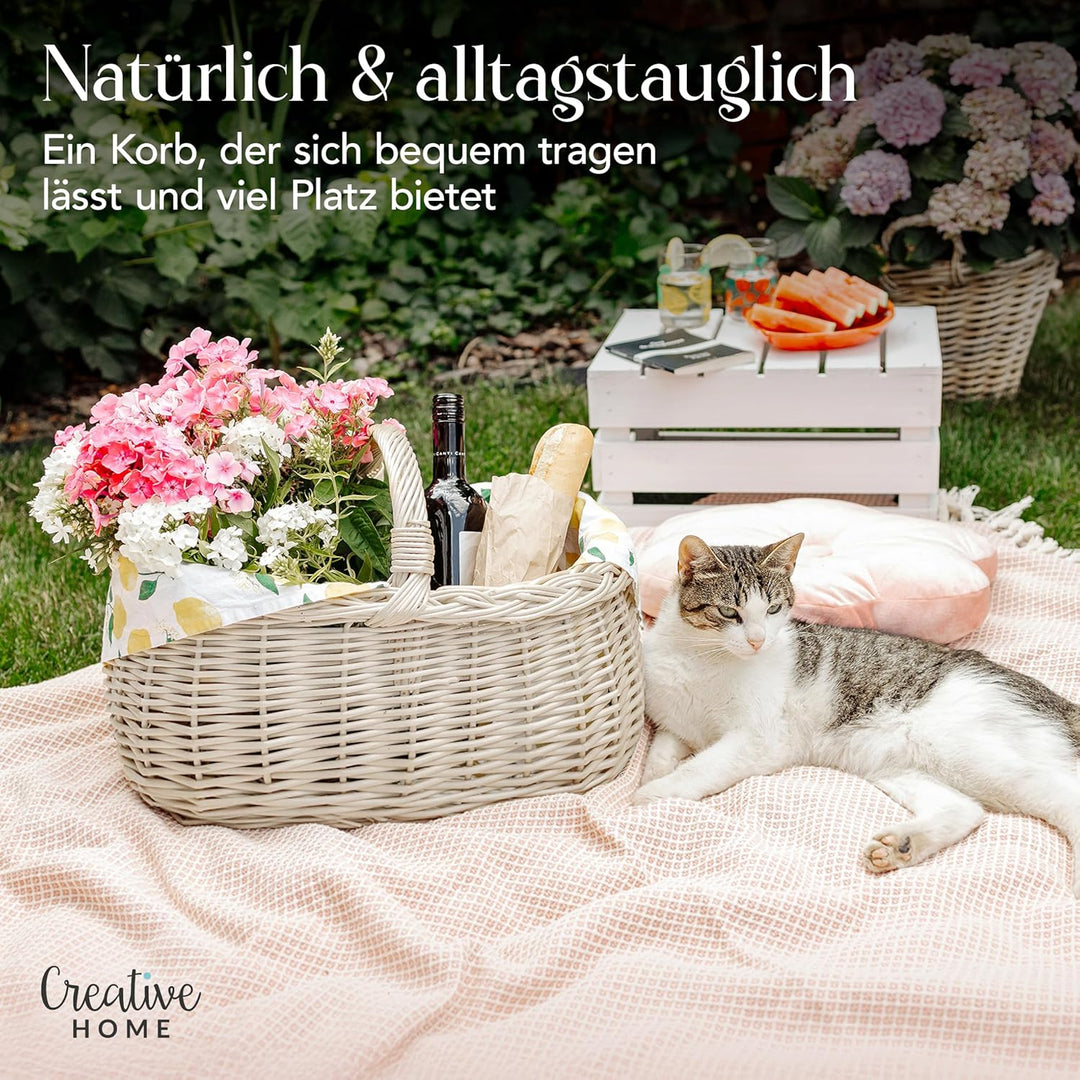 Creative Home Weisse Grosse Picknickkorb Weidenkorb mit Henkel Einkaufskorb | 45 x 32 x 34 cm (+/- 1