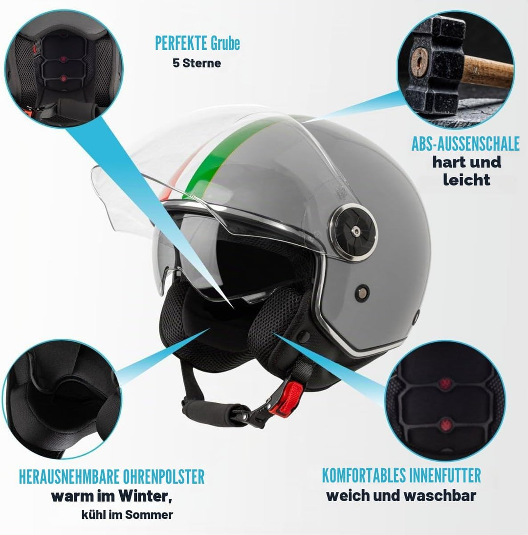 VINZ Neiva Jethelm mit Doppelvisier | Roller Helm mit Italienische Flagge &amp; mit Sonnenblende | In Gr
