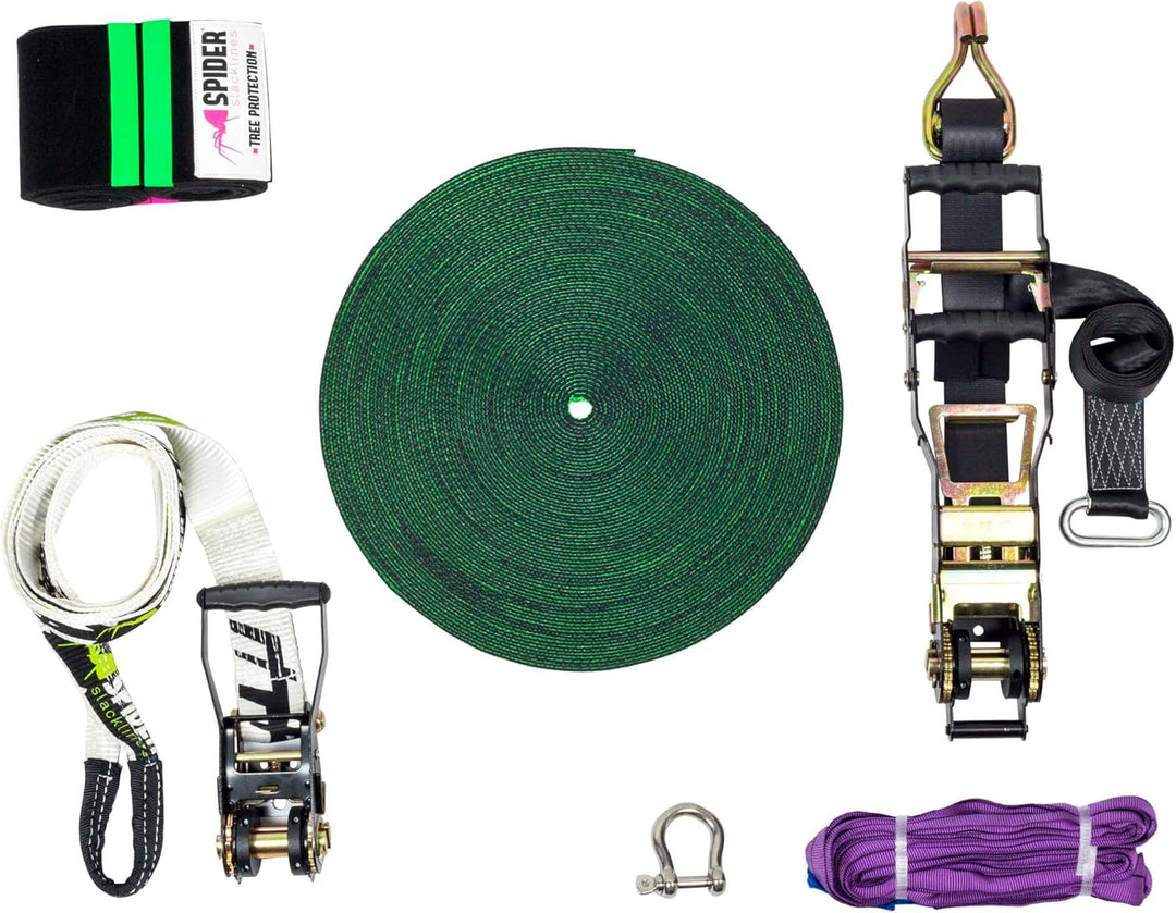 SPIDER SLACKLINE - Kit Longline Fly Line 50, Slackline 45 m, Mandingo-Ratsche slow release XL, weiss