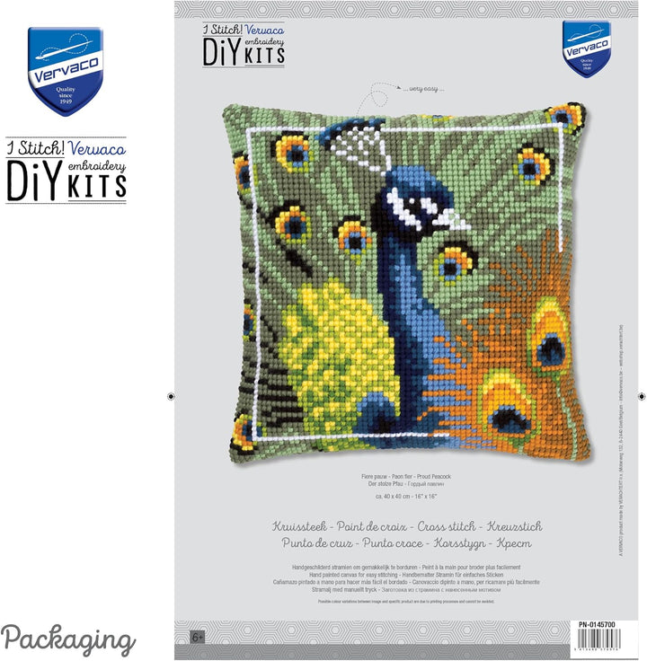 Vervaco stolze Pfau Kreuzstichkissen/Stickkissen vorgedruckt, Baumwolle, Mehrfarbig, 40 x 40 x 0.3 c