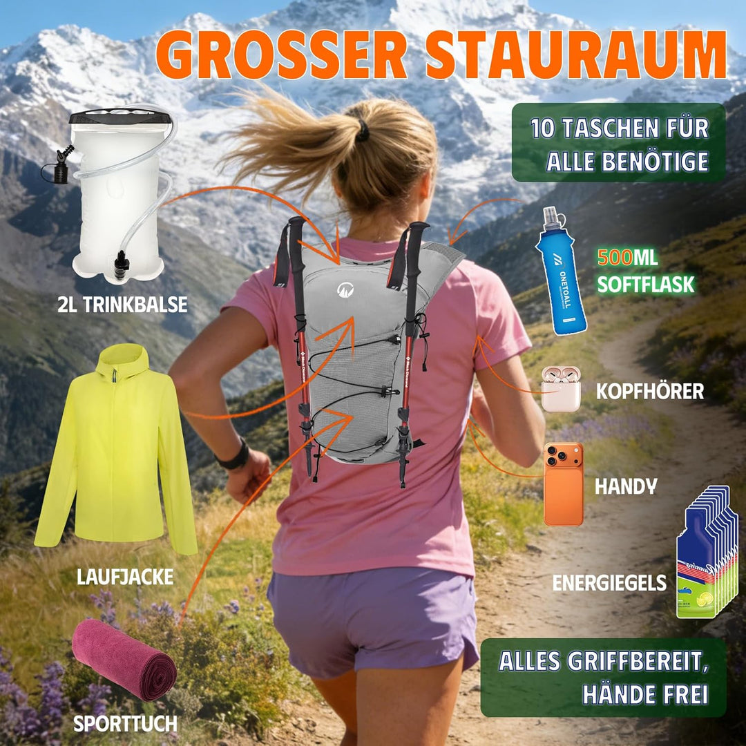 Laufweste Damen mit 2L TPU Trinkblase/500ml Trinkflasche, Leichter Trinkrucksack Laufen Herren 6L, R