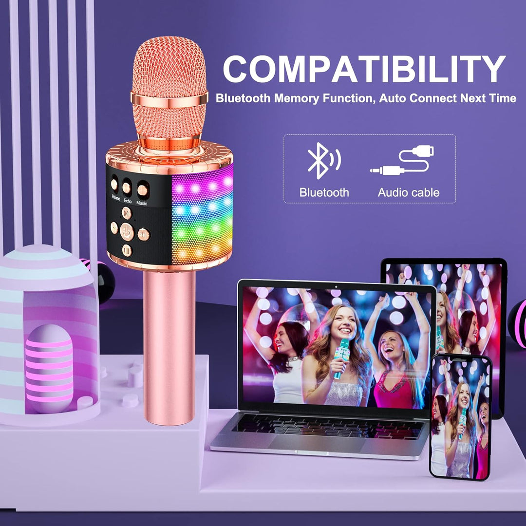 BONAOK Drahtloses Bluetooth-Karaoke-Mikrofon mit Steuerbaren LED-Leuchten, Tragbarer Karaoke-Maschin