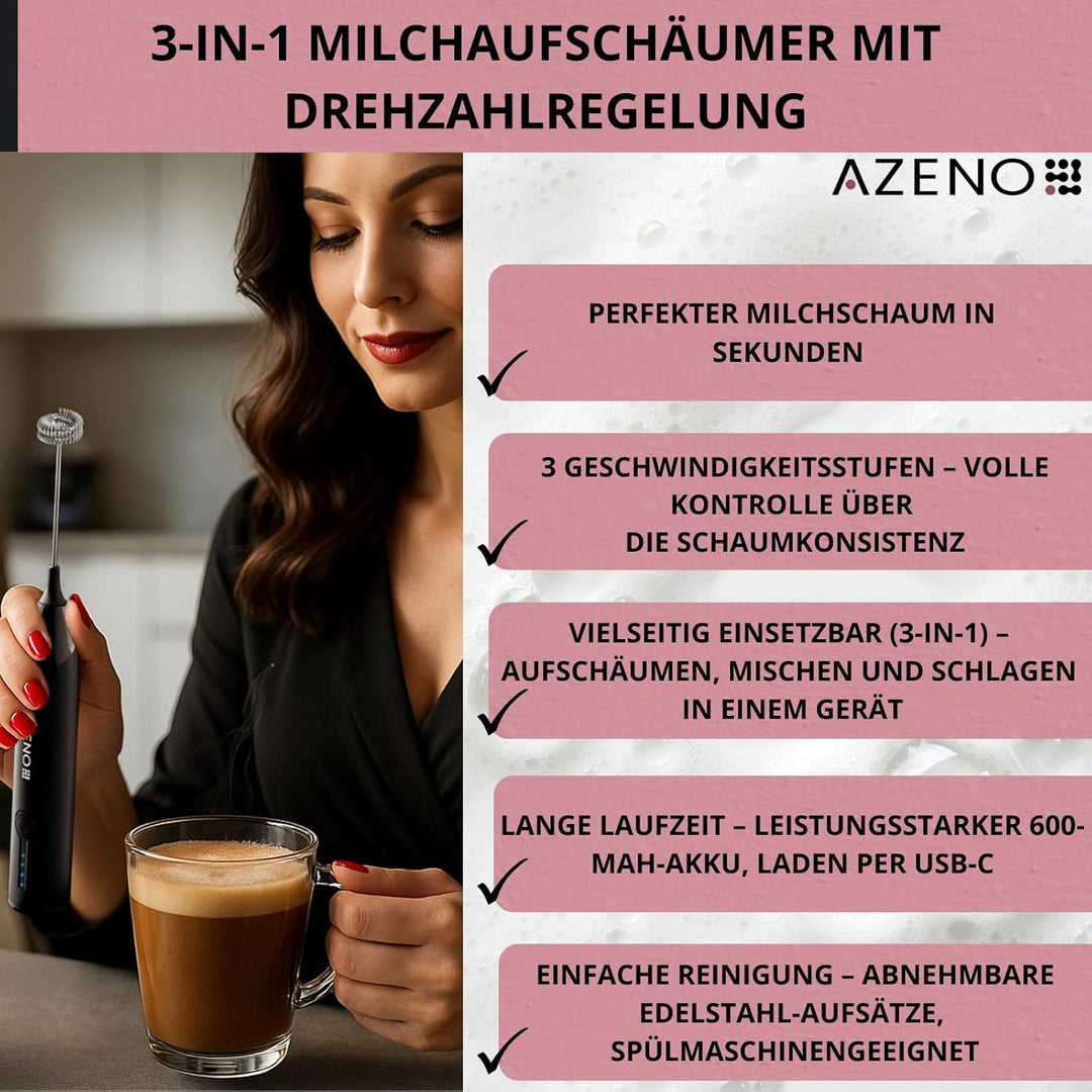 AZENO Elektrischer Milchaufschaeumer 3in1, akkubetrieben, USB-C, 3 Geschwindigkeitsstufen, 8 W, 600