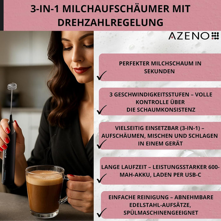 AZENO Elektrischer Milchaufschaeumer 3in1, akkubetrieben, USB-C, 3 Geschwindigkeitsstufen, 8 W, 600