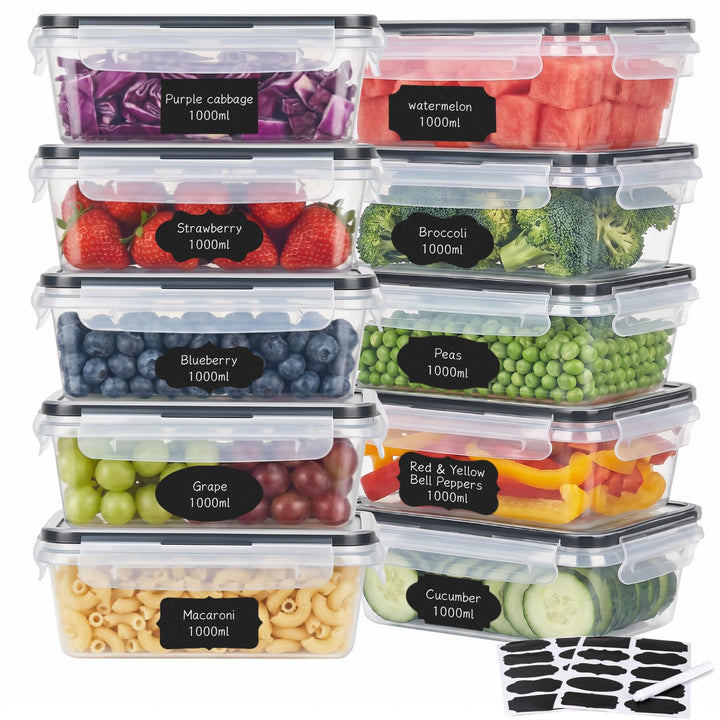 Hotec Frischhaltedosen mit Deckel, 10 x 1 L, Clip & Close Frischhaltedosen-Set, Meal Prep Boxen, 100