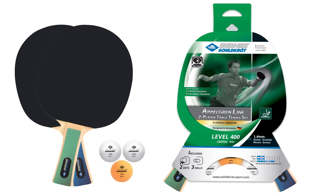 Donic-Schildkröt Tischtennis-Set Level 400 für 2 Spieler (2 Schläger 1,4mm Schwamm, 3 Bälle, in Neue