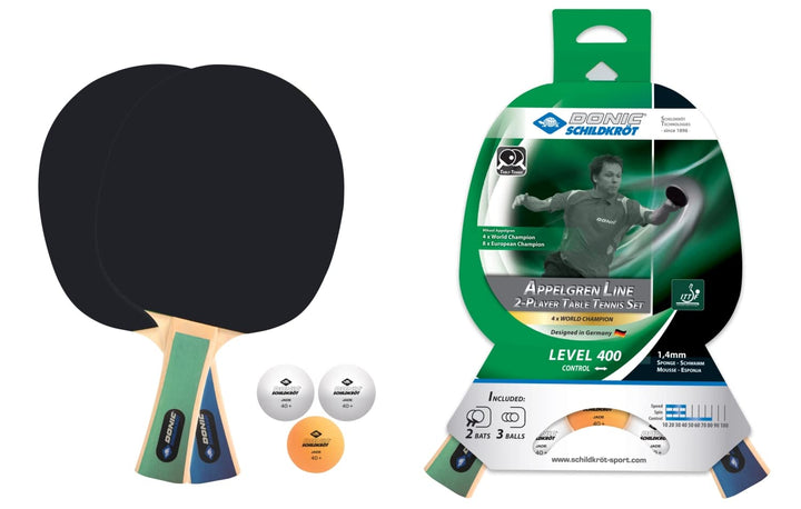 Donic-Schildkröt Tischtennis-Set Level 400 für 2 Spieler (2 Schläger 1,4mm Schwamm, 3 Bälle, in Neue