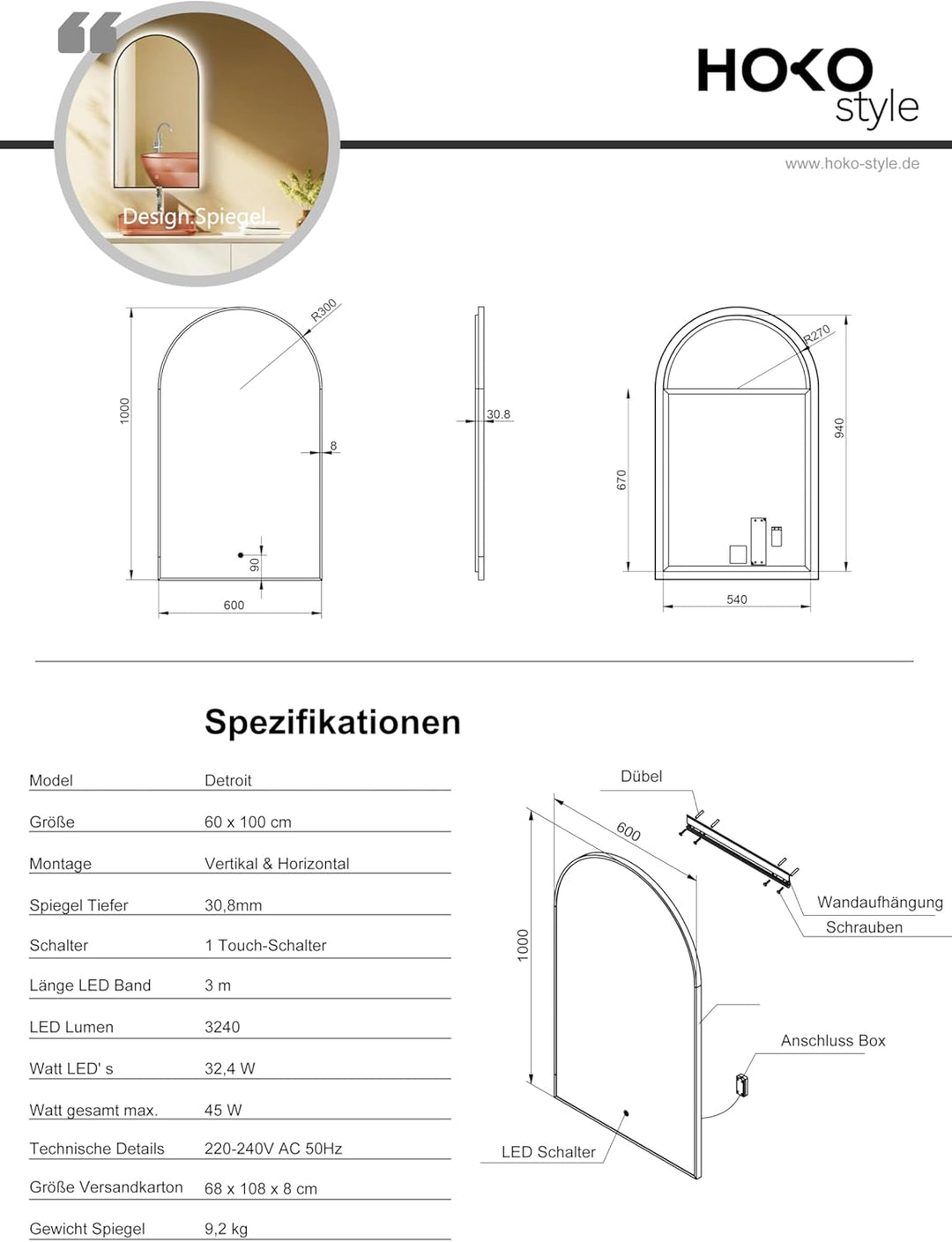 HOKO® Bogen LED Badspiegel 60x100 cm / 100x60 cm Phoenix mit Goldener Metallrahmen, HOCH+QUER Montag