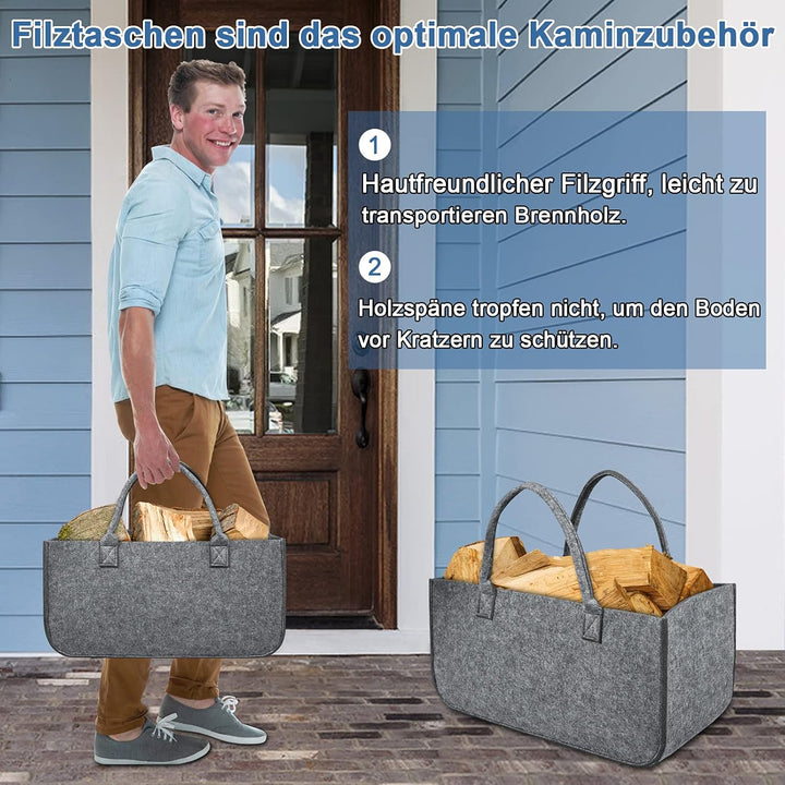 FIVMEN 4 Stück Filztasche Faltbar Filzkorb Holzkorb mit Griffen Kaminholzkorb Brennholzkorb Shopper